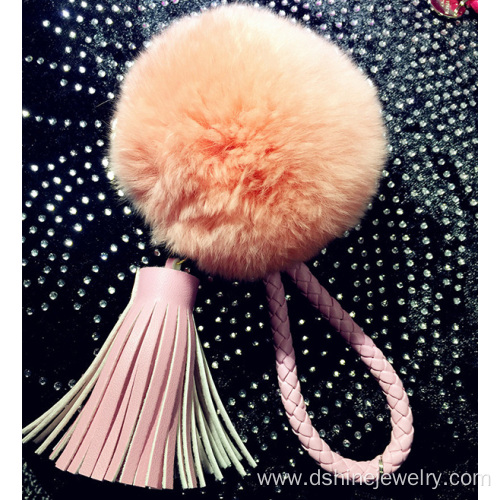 Leather Tassel Pendant Rabbit Pom Pom Ball Keyring For Woman